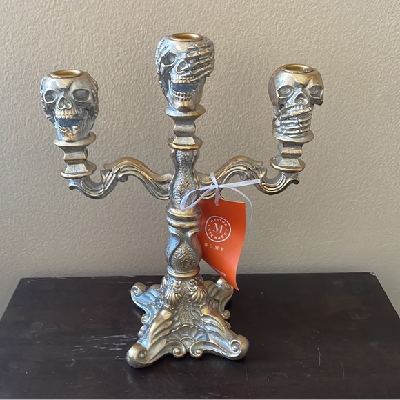 Martha Stewart Halloween 3 Arm Skull Gothic Candelabra Gold See No Hear No evil - Picture 3 of 4